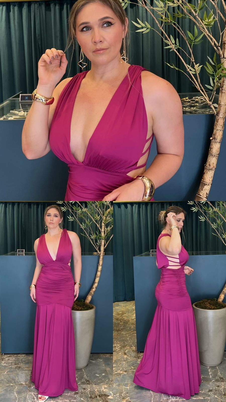 Vestido de Festa Longo com Decote e Recortes Laterais - Tecido Fluity