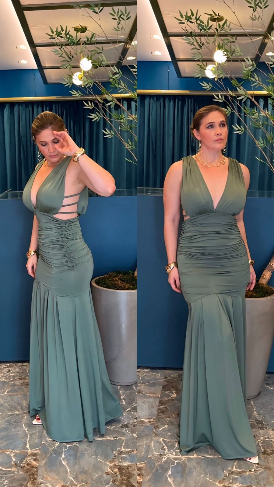 Vestido de Festa Longo com Decote e Recortes Laterais - Tecido Fluity