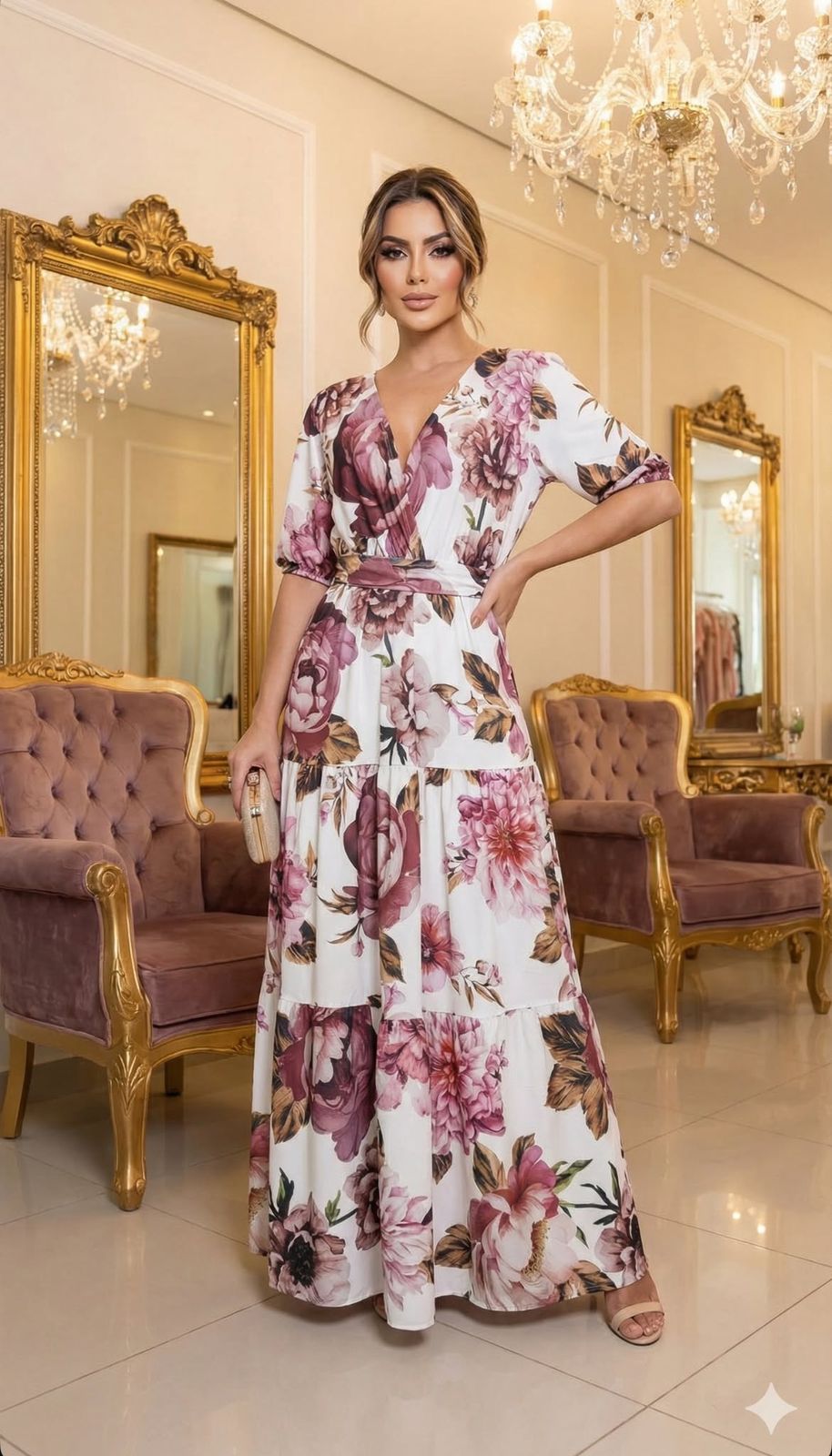 Vestido Longo com Manga Floral