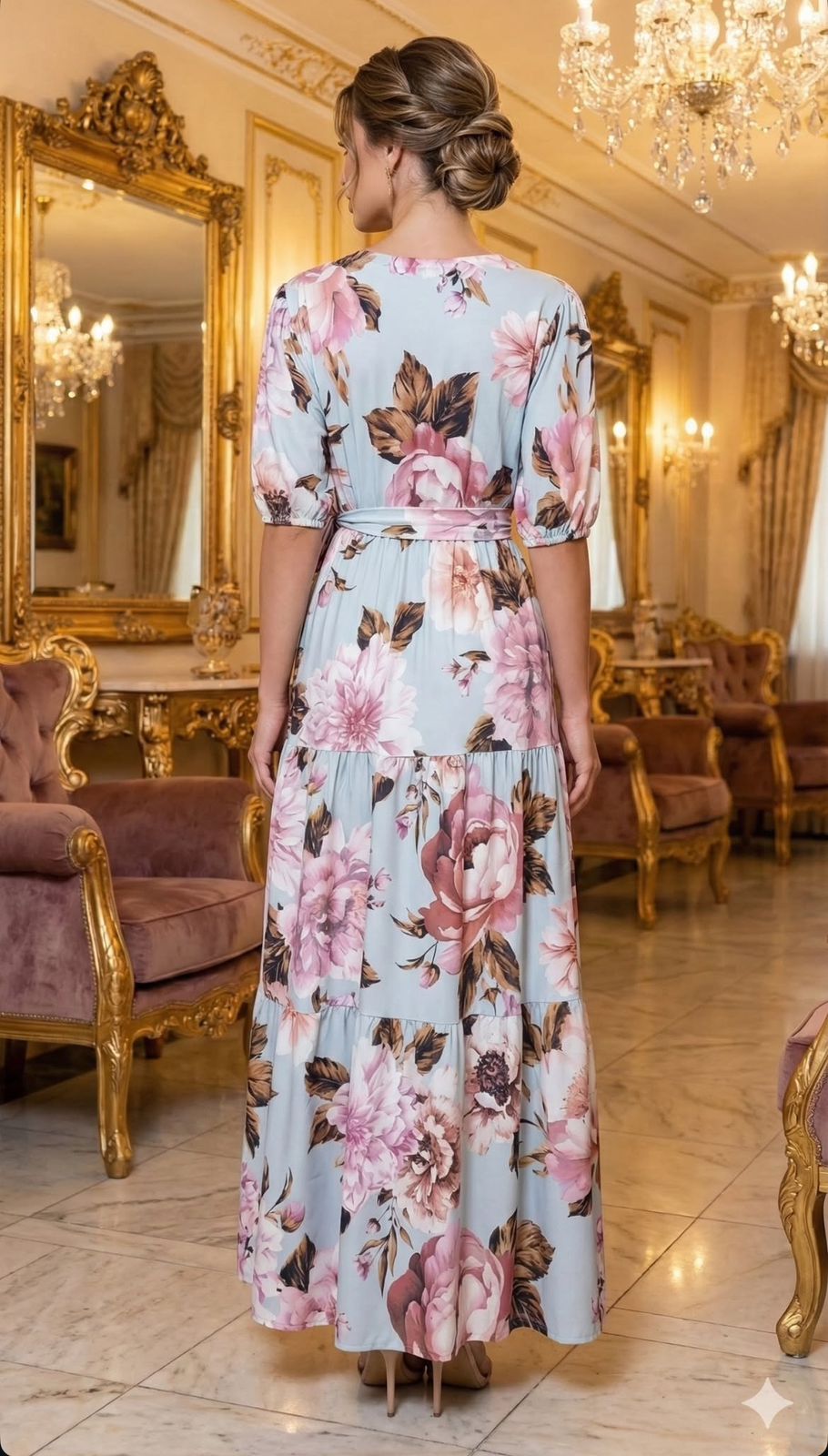 Vestido Longo com Manga Floral