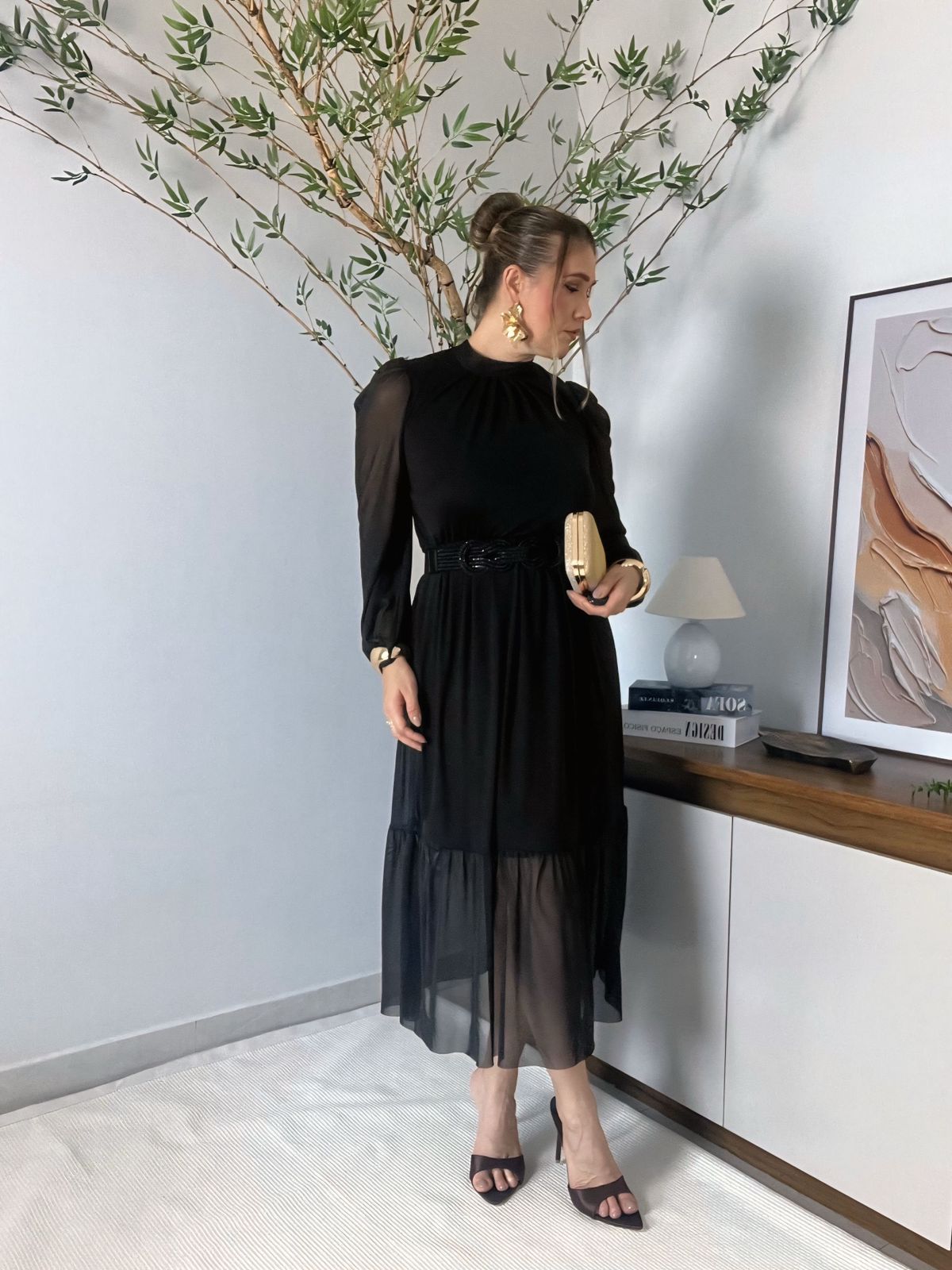 vestido midi manga longa