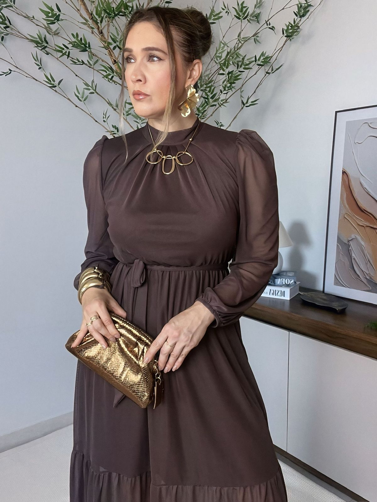 vestido midi manga longa