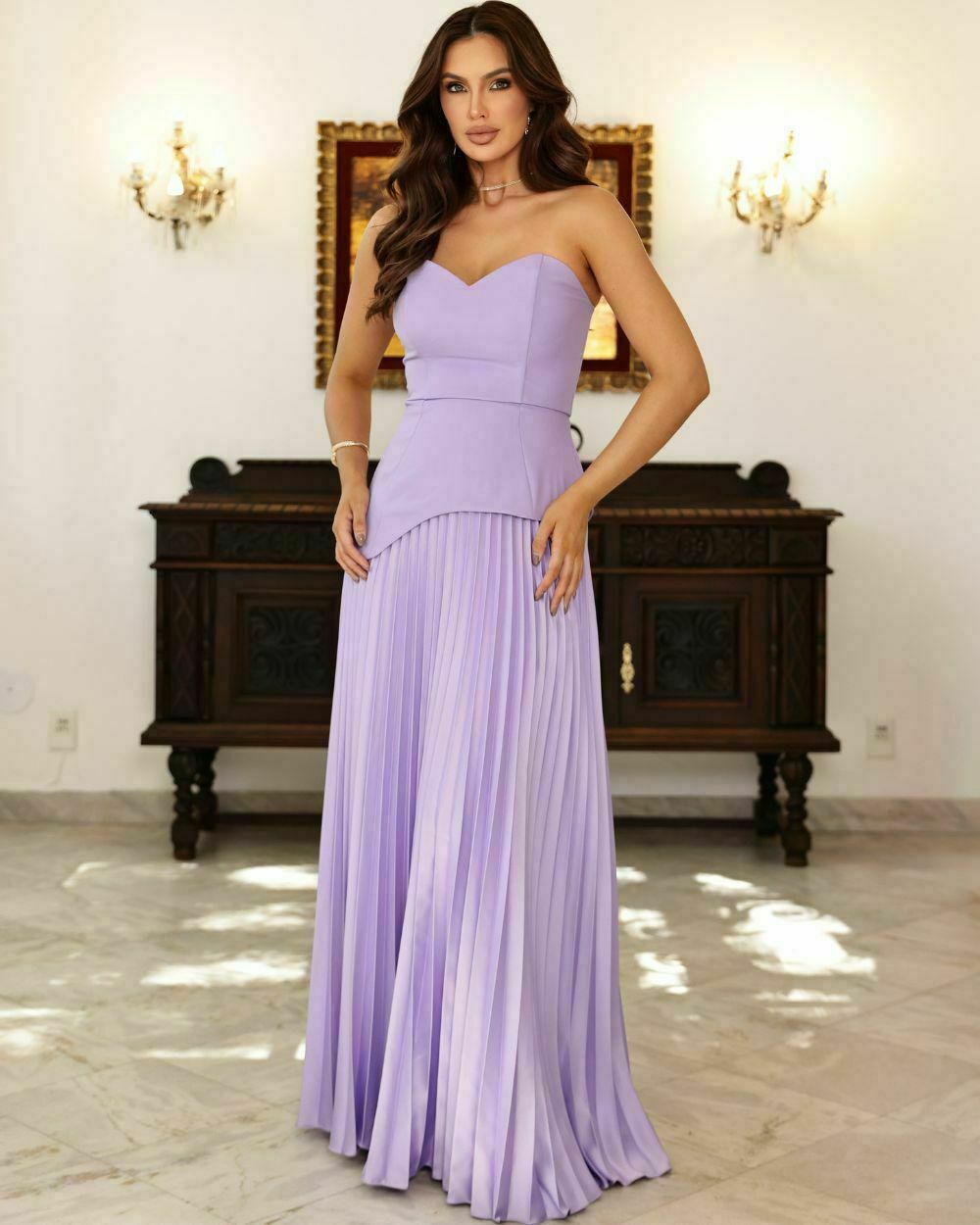 Vestido tomara que caia plissado