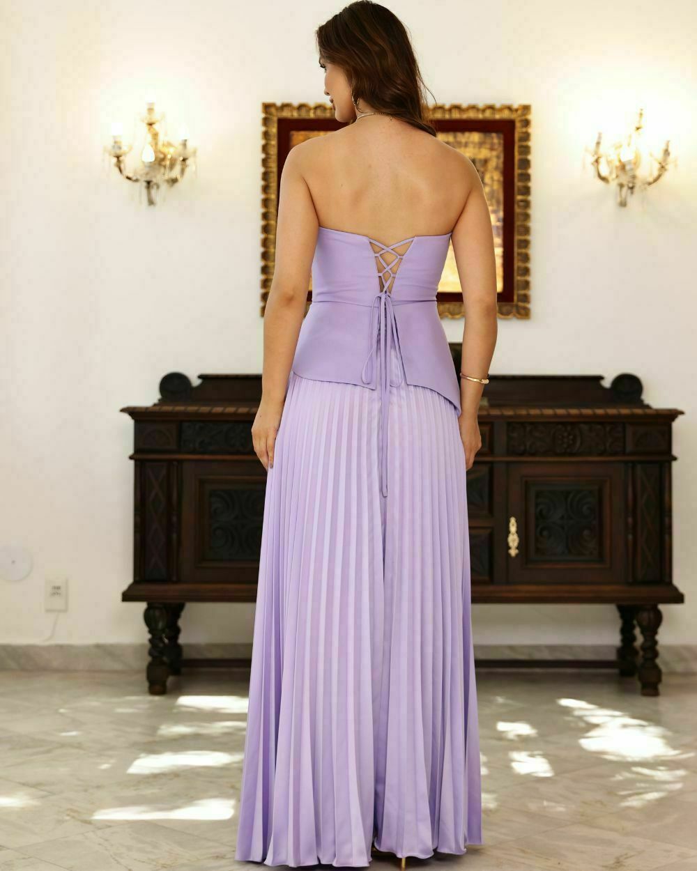 Vestido tomara que caia plissado
