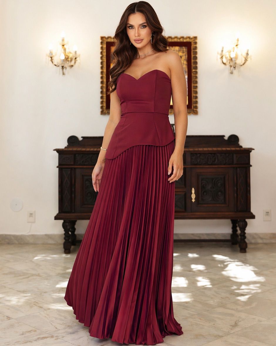Vestido tomara que caia plissado