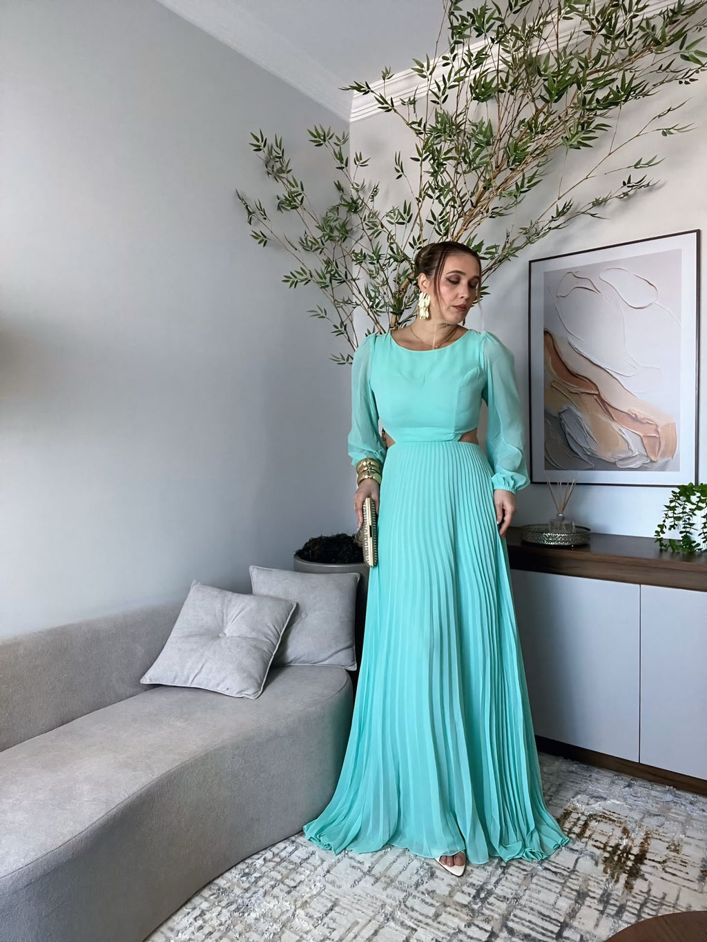 vestido manga longa costas nua