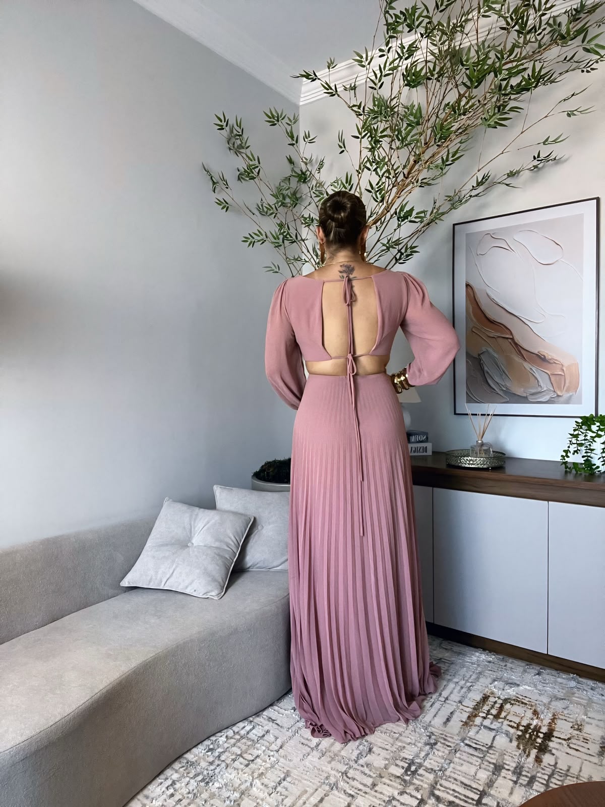 vestido manga longa costas nua