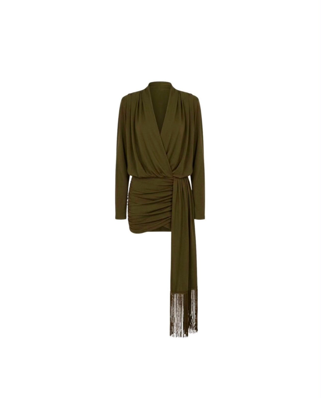 vestido curto manga longa com franja