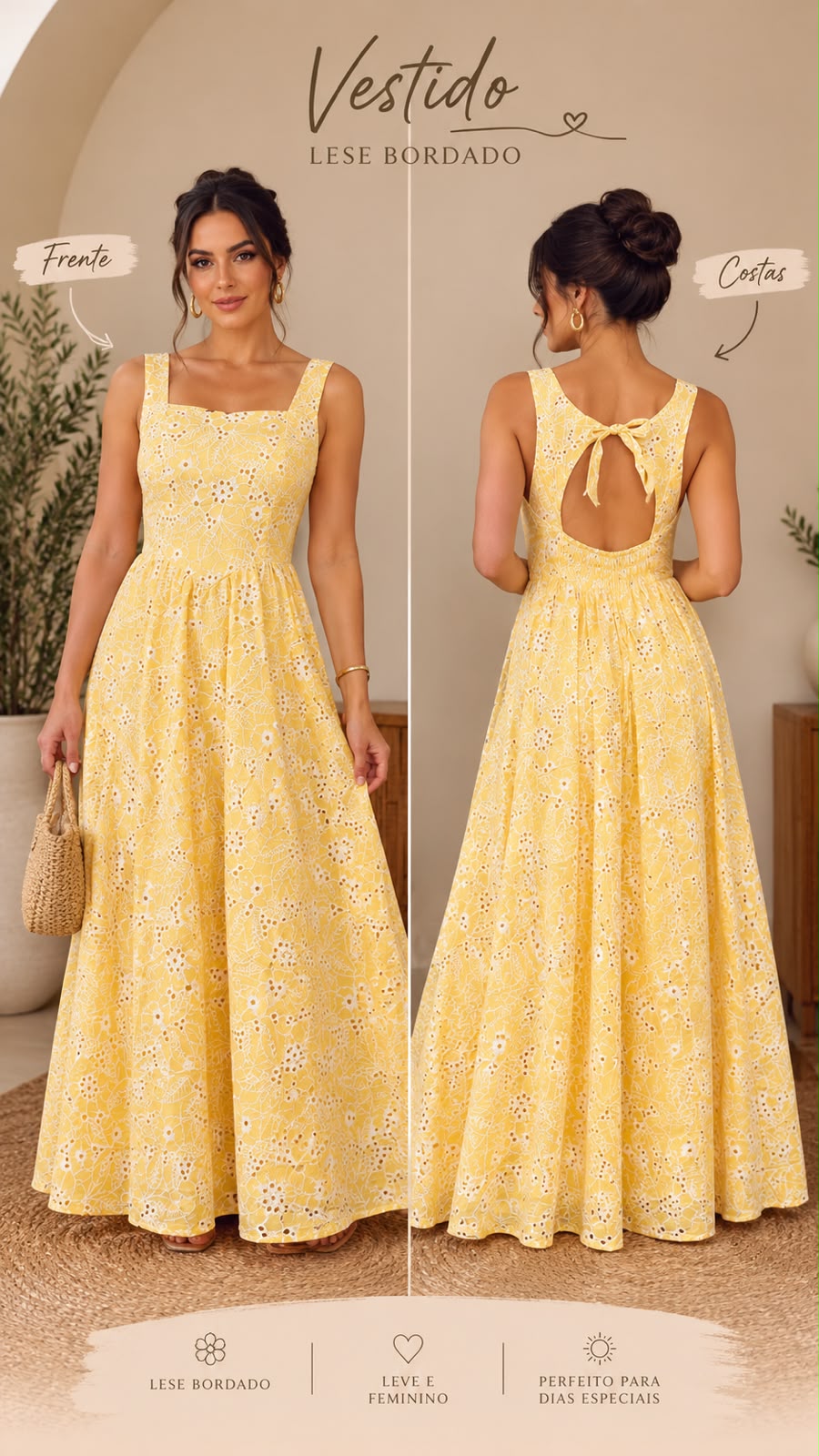 vestido longuete em lese bordado