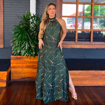 Vestido longo gola alta - Tecido Fluity