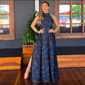 Vestido longo gola alta - Tecido Fluity