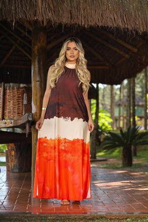 Vestido longo gola alta - Tecido Fluity