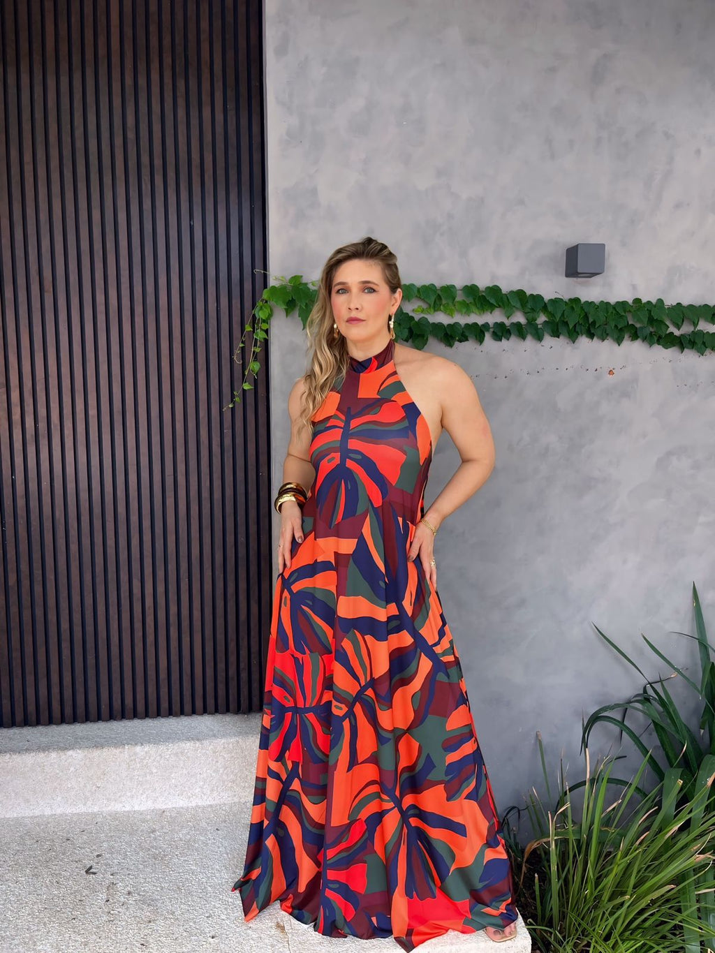 vestido longo frente unica estampado