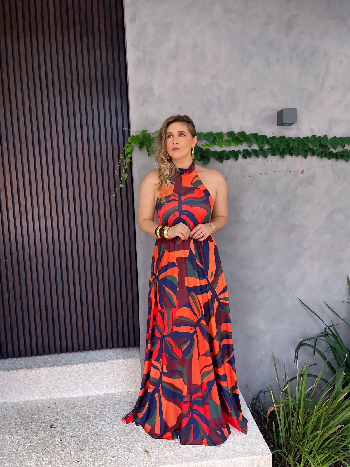 vestido longo frente unica estampado