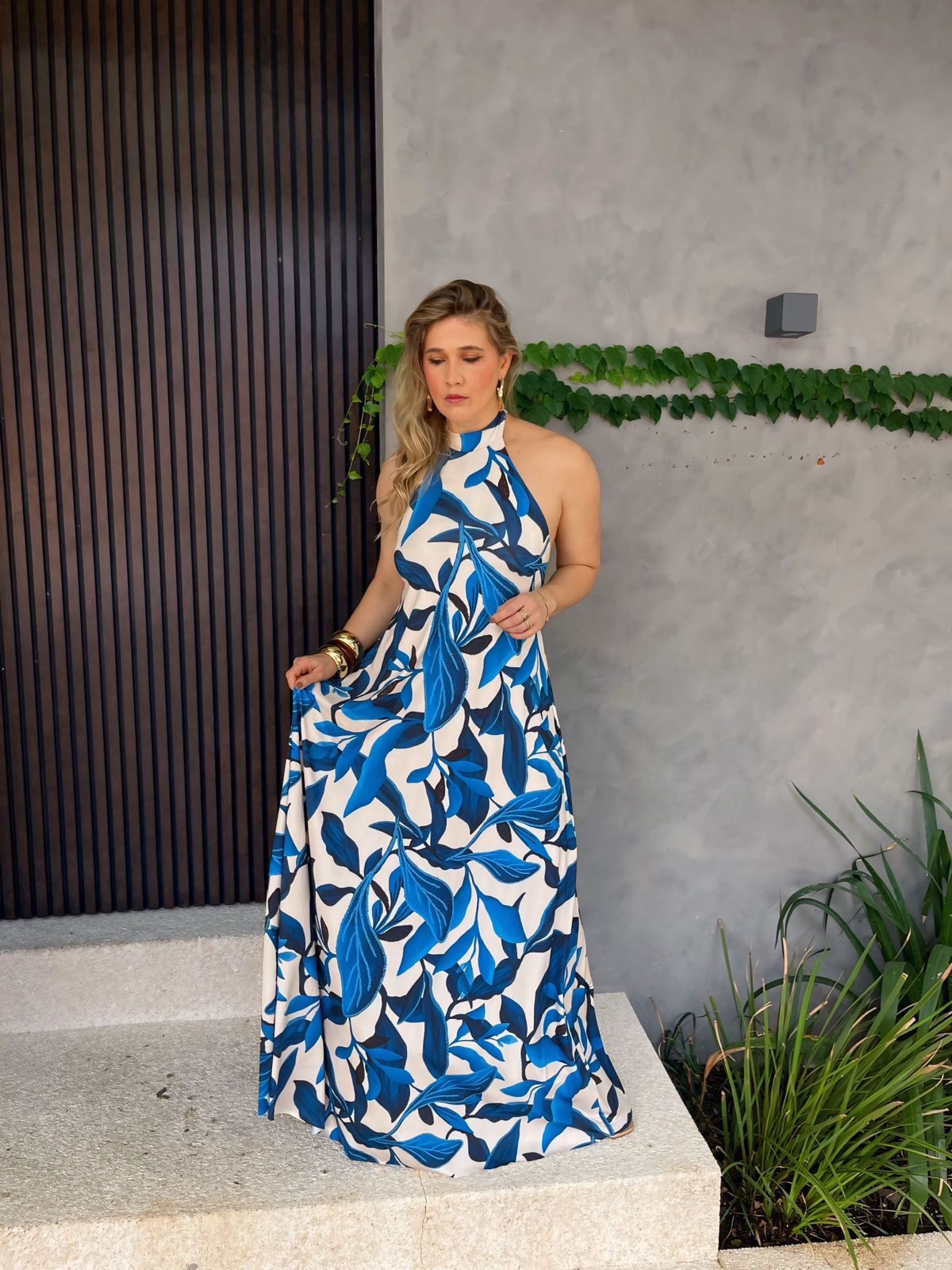 vestido longo frente unica estampado